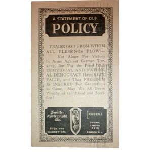 1945 Smith-Austermuhl Insurance WWII Postcard Camden NJ 1c Jefferson Stamp